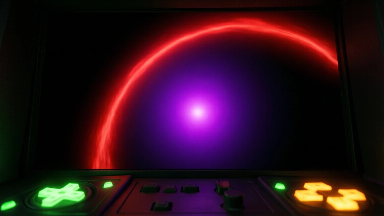 A crash game canvas seen slightly from the side on a dark screen, the crimson curve running corner to corner over a violet centre glow, the control panels below out of focus