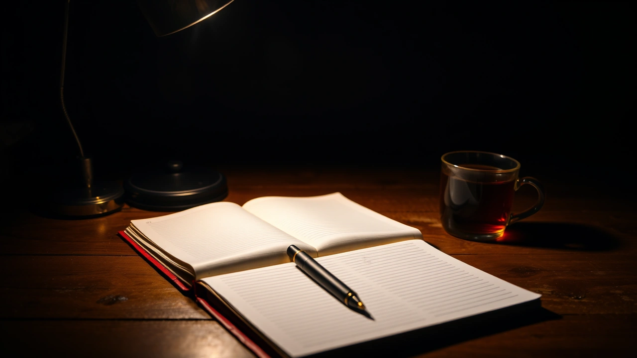 A dark wooden desk under one low warm lamp, an open ruled notebook with a fountain pen resting in its gutter, a folded pair of reading glasses and a cold cup of tea just outside the light