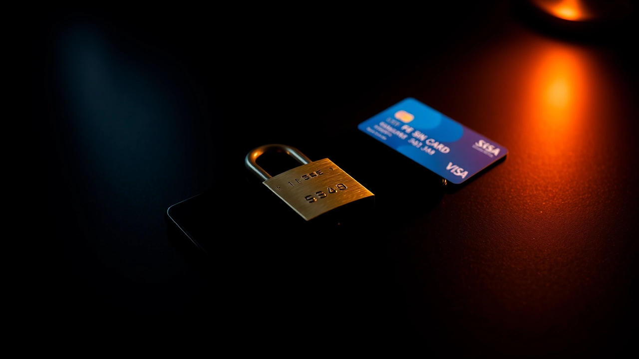 A dark desk with a small brass padlock lying open beside a phone face down and a bank card, lit hard from one side so the padlock casts a long shadow