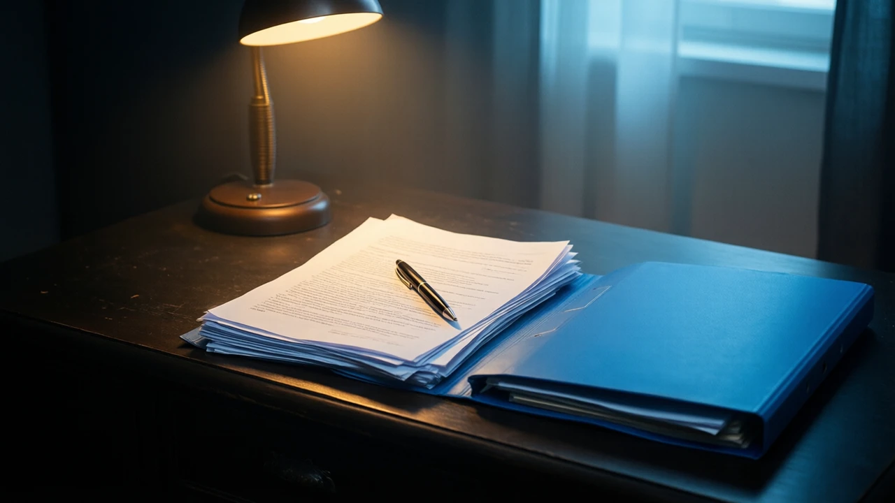 A dark desk with a loose stack of printed sheets fanned across it under a low lamp, a pen lying diagonally over the top sheet and a steel blue folder half out of frame
