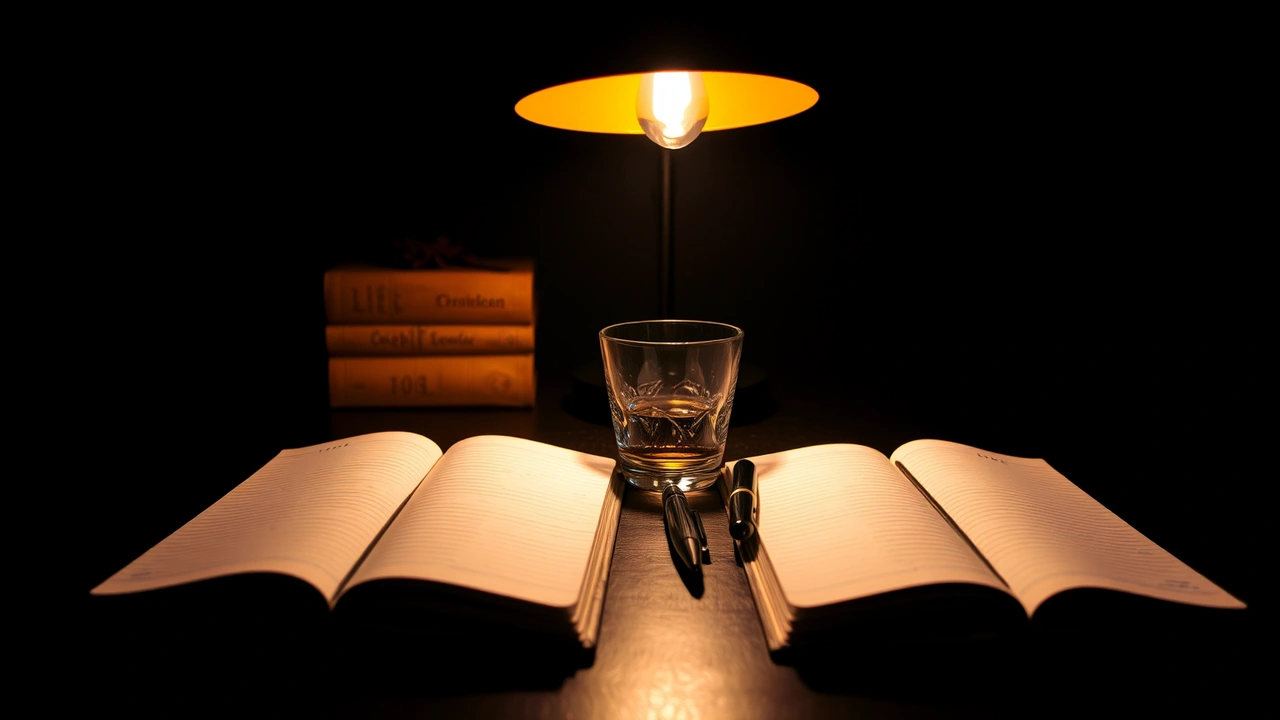 A dark desk with two open notebooks side by side under a warm lamp, one ruled and one plain, a fountain pen and a chipped tea glass between them