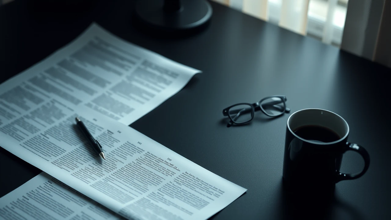 A dark desk with a long folded printout running off the edge of the frame, a pen and a pair of reading glasses resting on it, a mug of black coffee at the corner