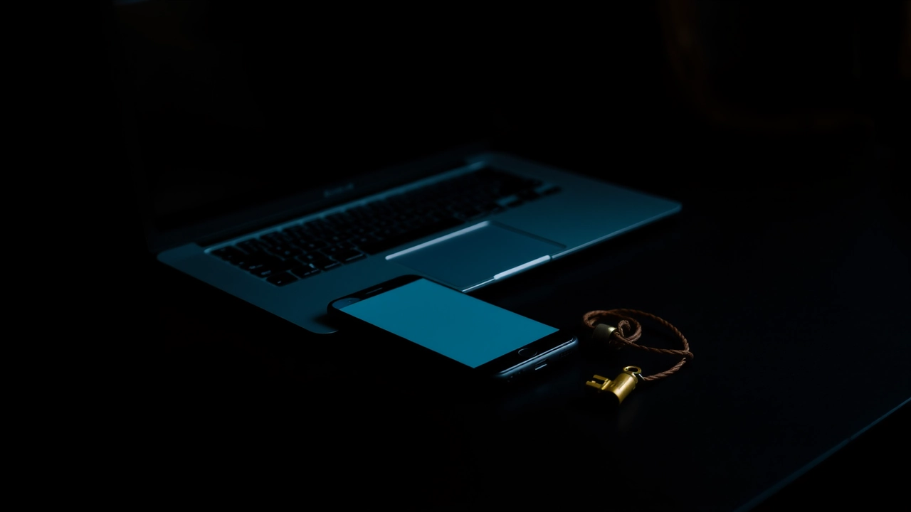 A dark desk lit from one side holding a closed laptop, a phone lying face down beside it and a small brass key on a leather cord coiled in front of them