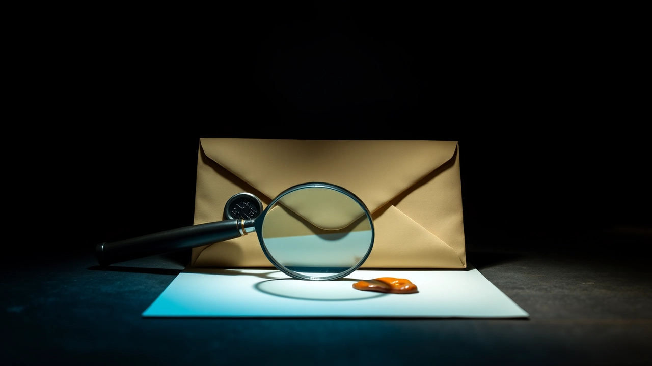 A dark desk with a heavy cream envelope and a wax seal, a magnifying glass lying across them, lit sharply from the left so the glass throws a lens of light onto the paper