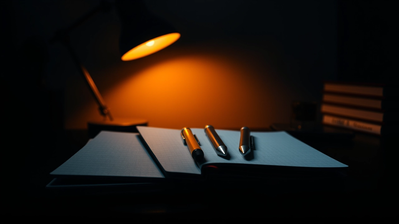 Four notebooks fanned across a dark desk under a single warm lamp, each a different colour and thickness, pens resting on two of them and the room behind falling into shadow