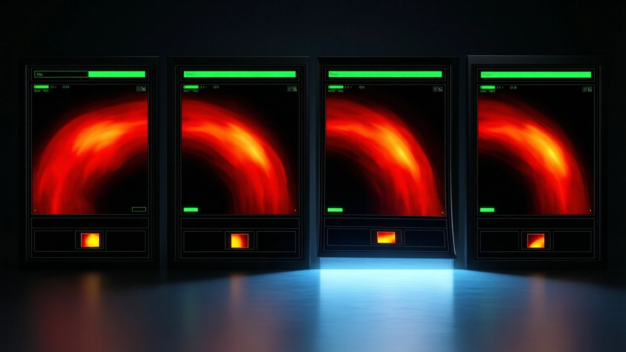 Four identical crash game screens in a row on a dark surface, each with the same crimson curve, one of them pulled forward into a pool of steel blue light
