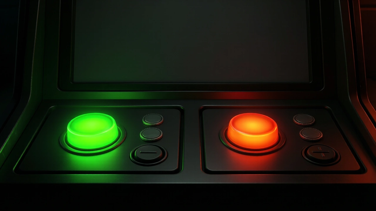Two dark control panels side by side under a dim crash game canvas, the left button glowing vivid green and the right one crimson, four small rounded chips on each panel and a round minus and plus pair