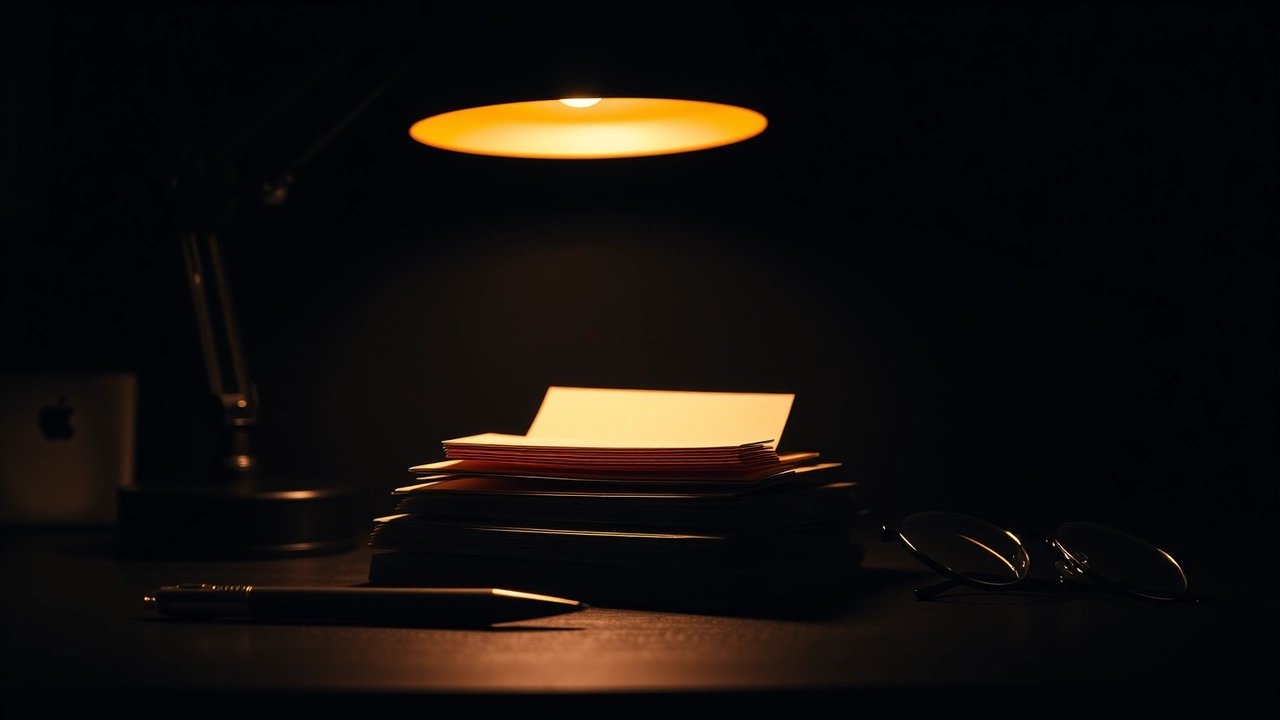 A dark desk holding three folded card sleeves stacked in a low fan under a warm lamp, the top one slightly open, a pen and a pair of glasses beside them