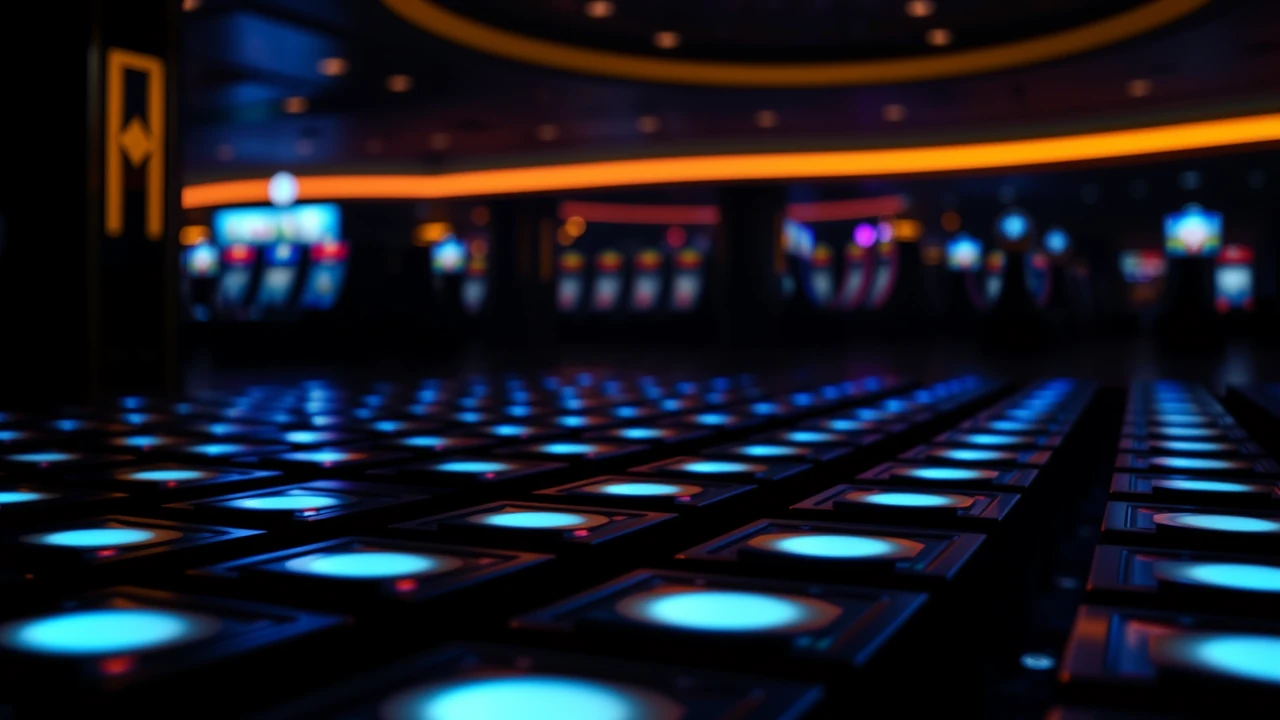 A dark casino lobby grid of small game tiles seen at a slight angle, one tile lit in steel blue and carrying a thin crimson curve, the rest sunk in shadow