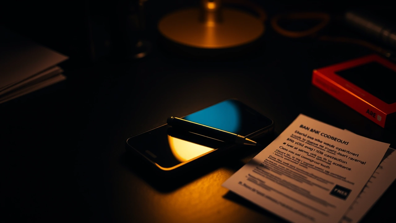 A dark desk with a bank card, a phone face down and a folded receipt arranged in a loose row under a warm lamp, a pen resting across the receipt
