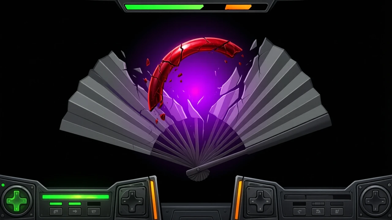 A crash game canvas the instant after a round ends, the crimson curve broken off mid-air over a fan of grey rays, the violet centre glow fading and both control panels below gone dark