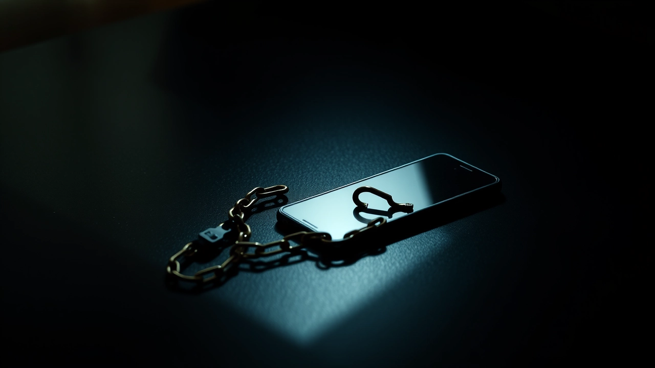 A short length of heavy chain lying on a dark desk with its last link broken open, a phone face down beside it, one hard light from the left throwing long shadows