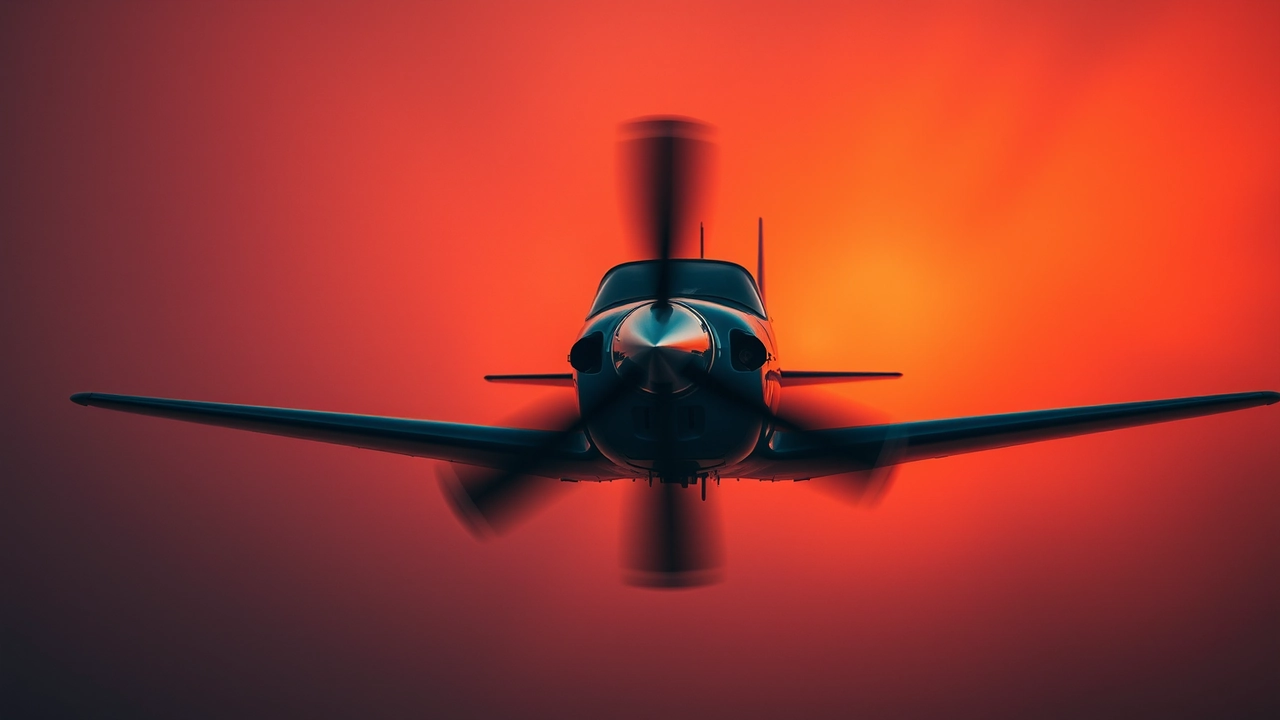 A near-black game canvas with a fan of narrow grey rays spreading from the lower left corner, a crimson curve sweeping up across them with deep translucent red filled in beneath it and a small flat red propeller plane at its leading tip, a magenta and violet