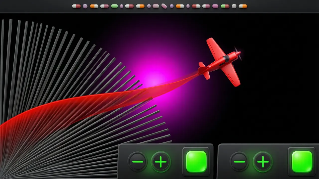 A near-black game canvas with a fan of narrow grey rays spreading from the lower left corner, a crimson curve sweeping up across them with deep translucent red filled in beneath it and a small flat red propeller plane at its leading tip, a magenta and violet