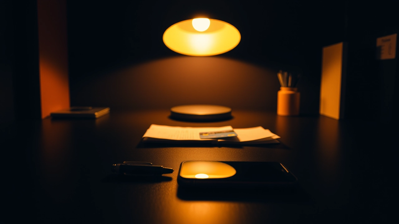 A dark desk with a bank card, a folded receipt, a pen and a phone face down arranged in a line running away from the camera under one warm lamp