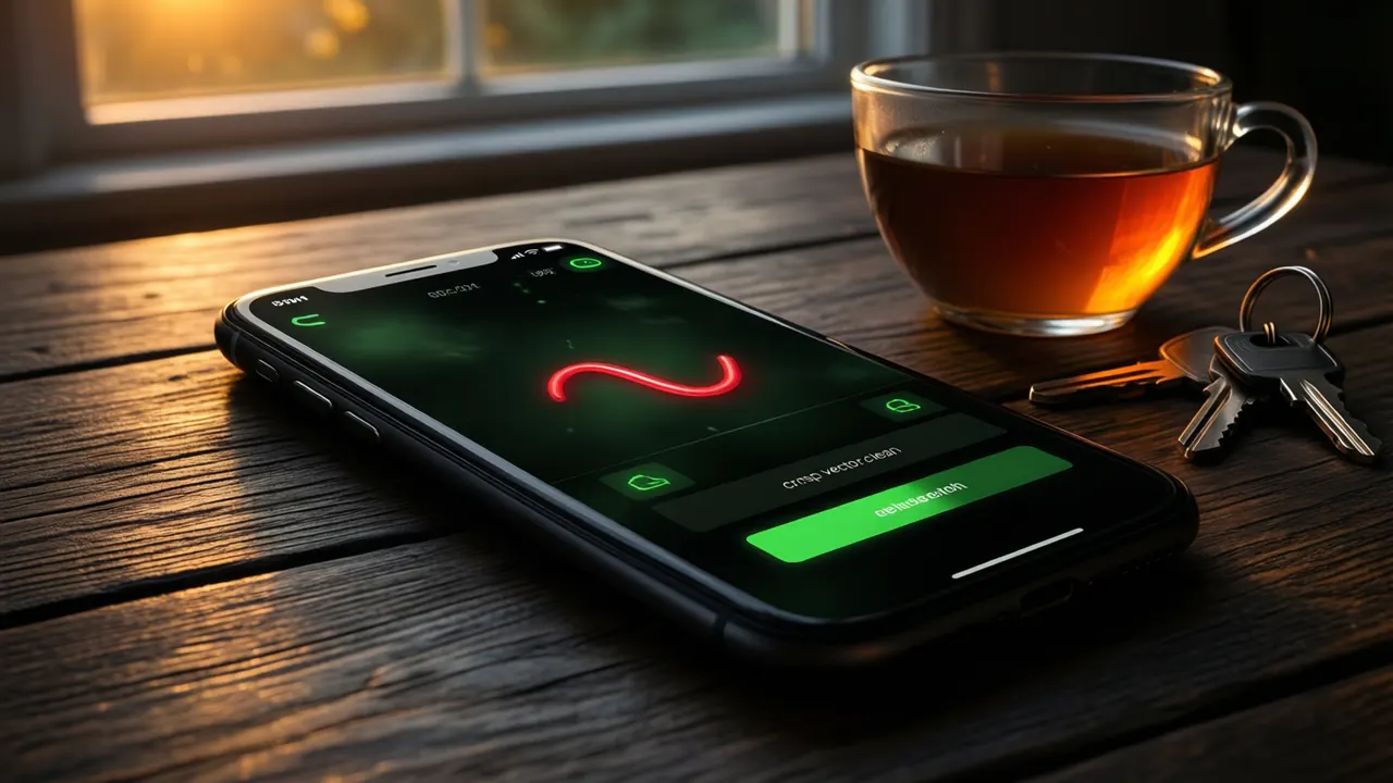 A phone lying face up on a dark wooden table showing a dim crash game canvas with a small crimson curve, a glass of tea and a set of keys beside it, evening light from a window behind