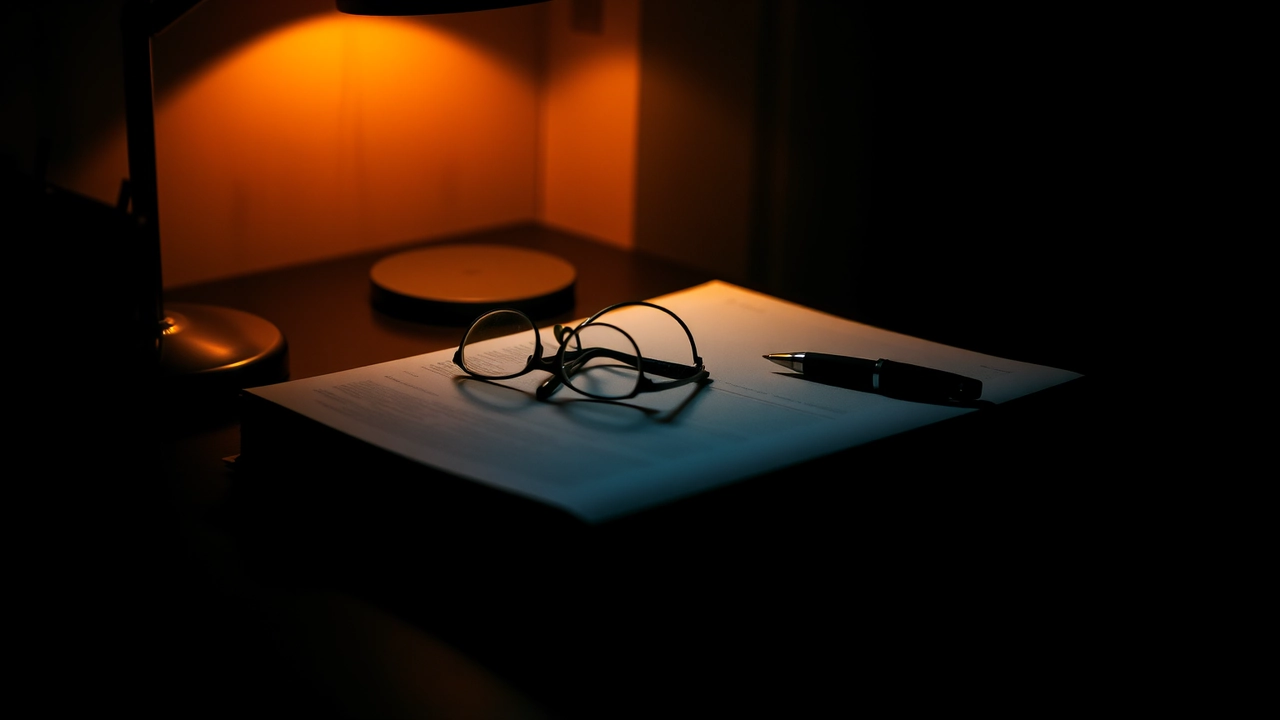 A dark desk with a thick bound document lying closed under a warm lamp, a pair of reading glasses folded on top and a pen alongside, the rest of the desk in deep shadow