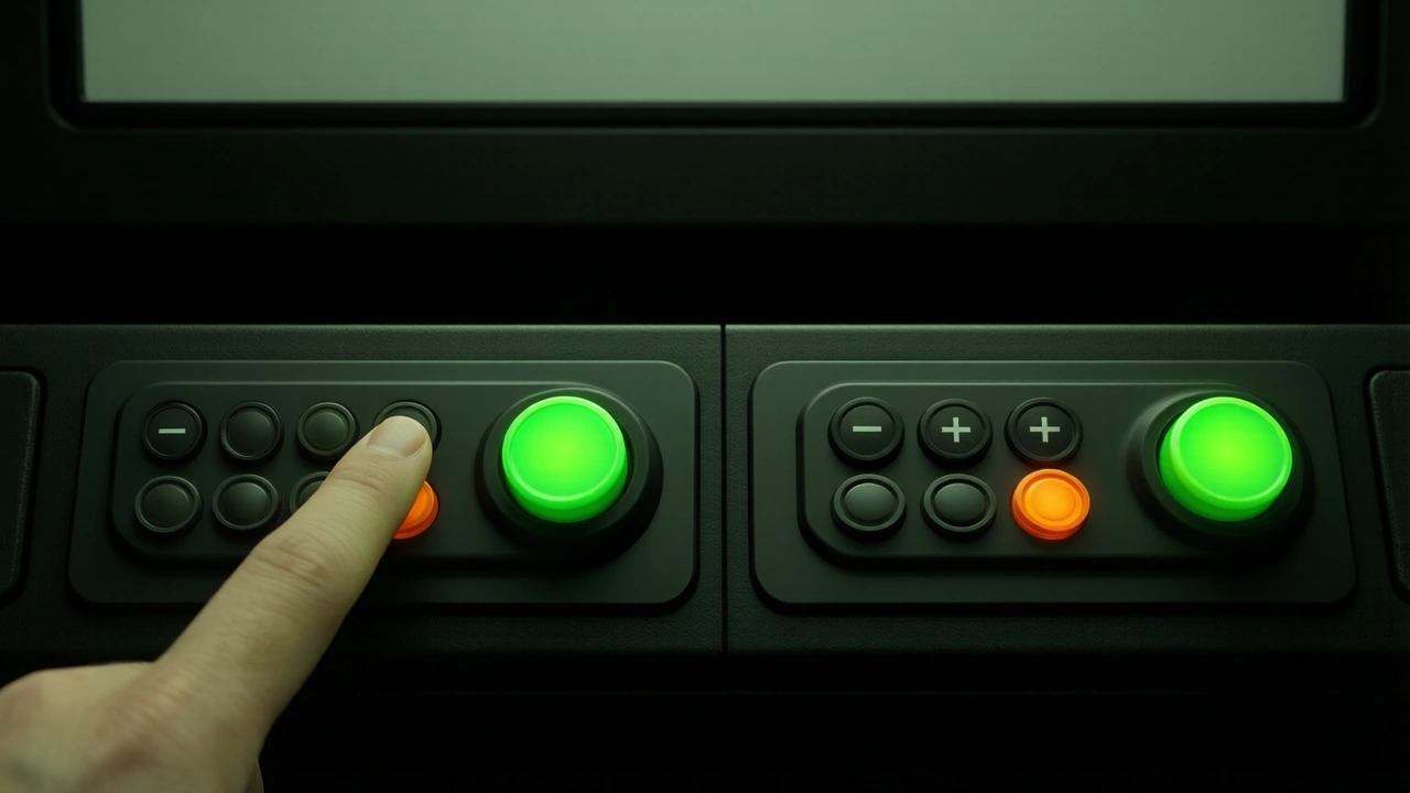 A close view of two dark control panels beneath a dimmed game canvas, each panel carrying a round minus and plus pair, four small rounded chips and one vivid green button, a thumb reaching toward the left button