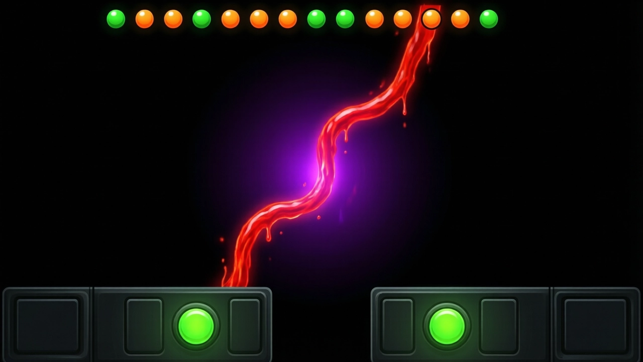 A crash game screen mid round, the crimson curve climbing steeply across a near-black canvas lit violet at its centre, small rounded result pills along the top edge, two dark control panels below with a green button on each