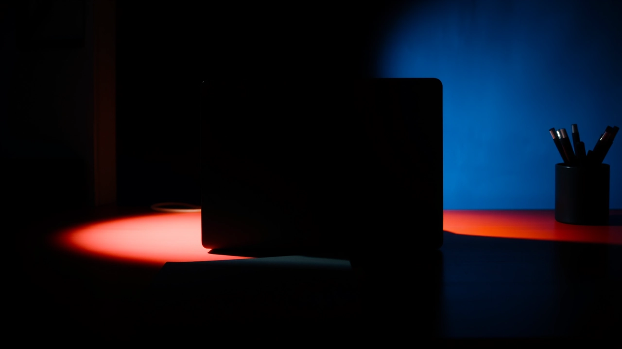 A dark desk with an open laptop seen from behind so only its lid and the glow spilling around it are visible, a mug and a notebook in front of it in shadow