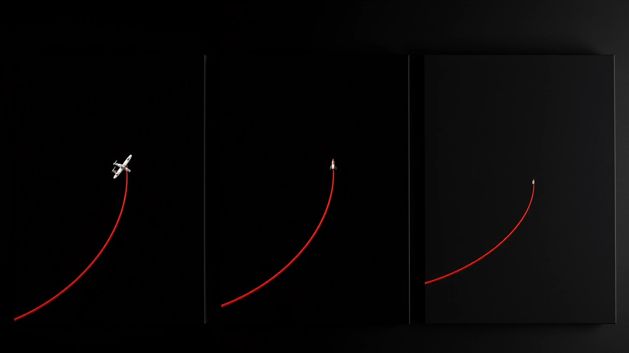 Three near-black canvases side by side, each with the same rising crimson curve but a different small object at its tip, a propeller plane, a rocket and a drifting figure in a suit