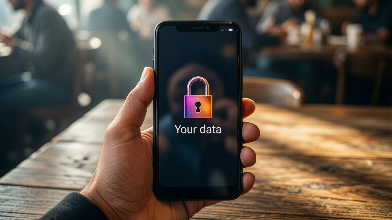Close view of a hand holding an Android phone upright at a café table, the phone screen shows a closed padlock above the words "Your data" on a dark field, only one phone in the picture