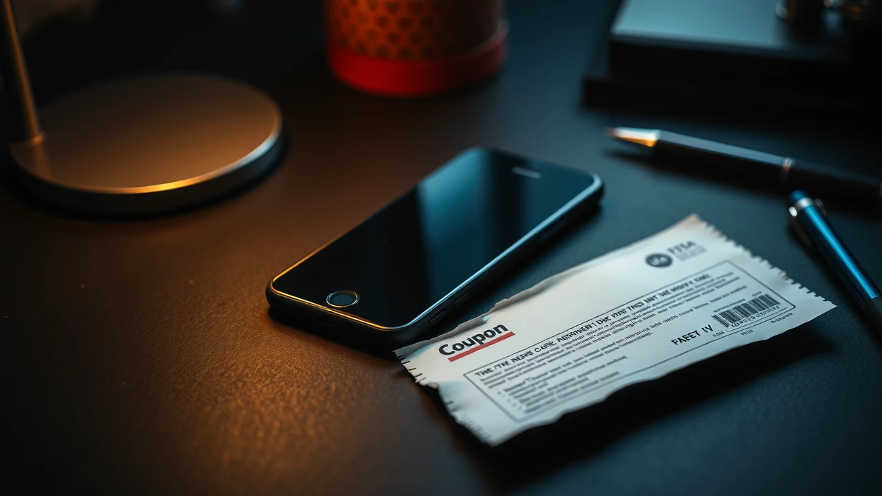 A small paper coupon torn along one edge lying on a dark desk beside a phone face down and a pen, lit by one low lamp from the left