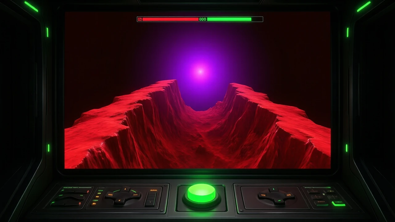 A crash game canvas mid round with the crimson curve high and steep, deep red filled beneath it, a violet glow at the centre and the two control panels below lit by a single green button