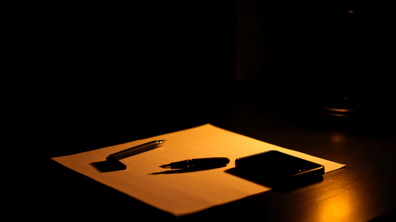 A dark desk with a sheet of paper, a fountain pen uncapped beside it and a phone face down at the corner, one warm lamp lighting the near half of the page