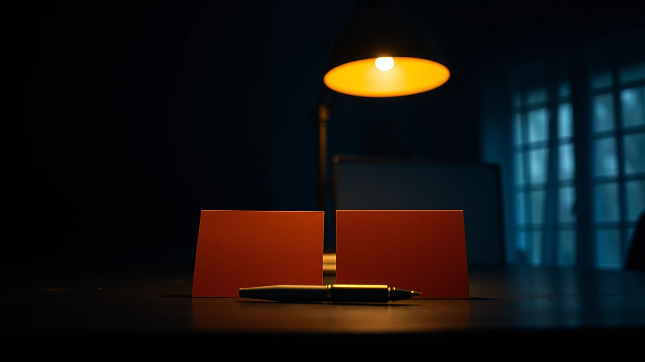 Two folded cards standing on a dark desk under a warm lamp, one leaning slightly toward the other, a pen lying between them and the room behind dark