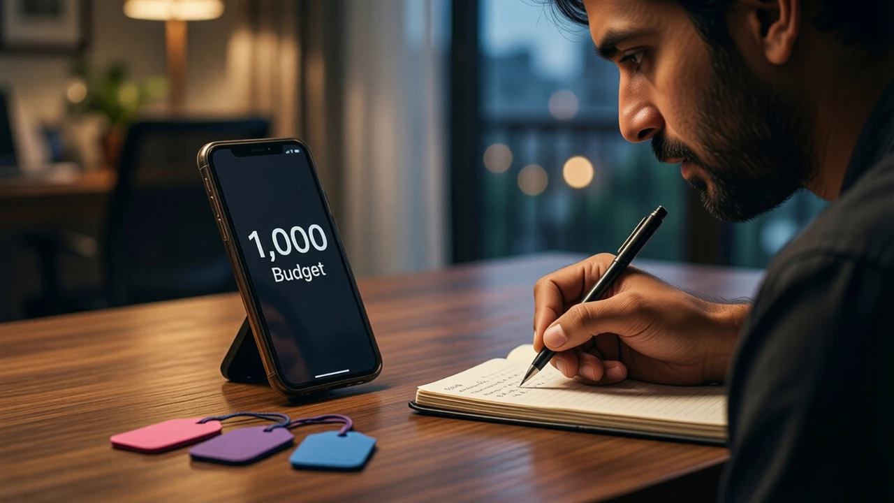 An Indian man in his thirties at a desk in the evening seen from the side, writing in a paper notebook, his phone propped on a stand in front of him, the phone screen shows the large white number "1,000" above the word "Budget" on a dark field, only one phone and one person in the picture