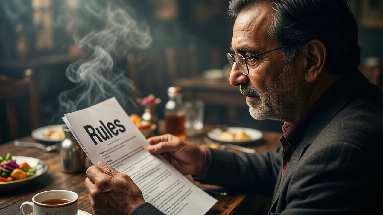 An Indian man in his fifties at a dining table seen from the side, wearing reading glasses and holding a printed sheet of paper with the large heading "Rules" and three short lines under it, a cup of tea beside him