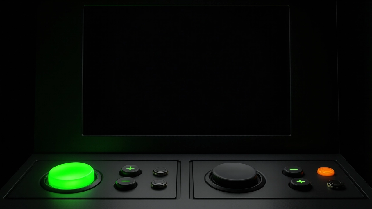 Two identical dark control panels filling the frame beneath the lower edge of a game canvas, the left one lit with a vivid green button and the right one dark, each with a round minus and plus pair and four small chips