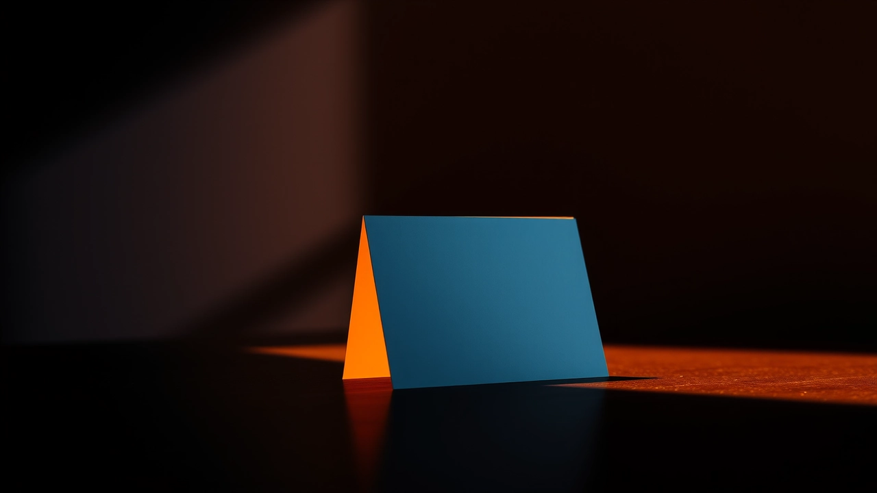 A single folded card standing upright on a dark desk under a narrow beam of warm light, its edge catching amber, the rest of the desk in deep shadow