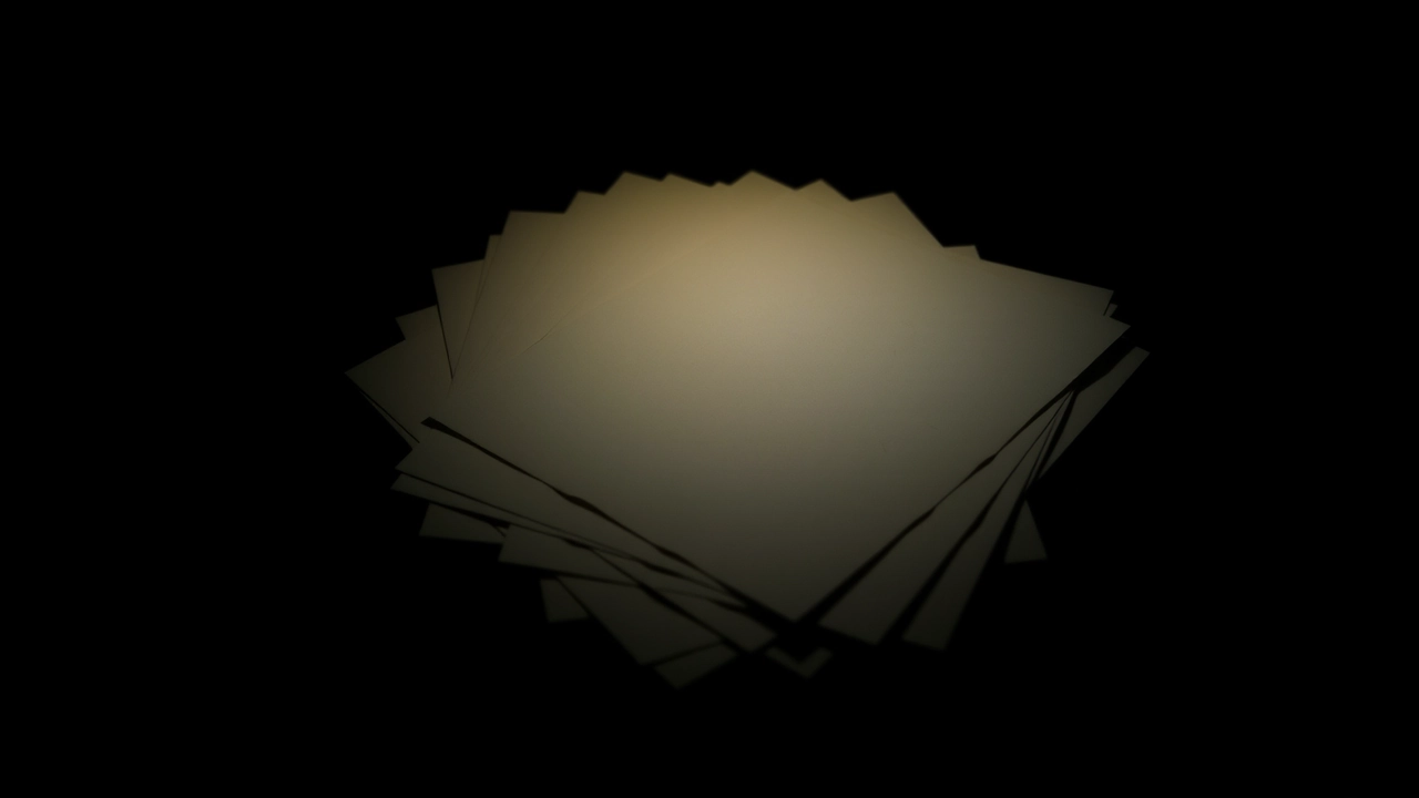 Several sheets of paper spread in an overlapping stack across a dark desk, only the topmost one fully in the lamplight and the others falling away into shadow