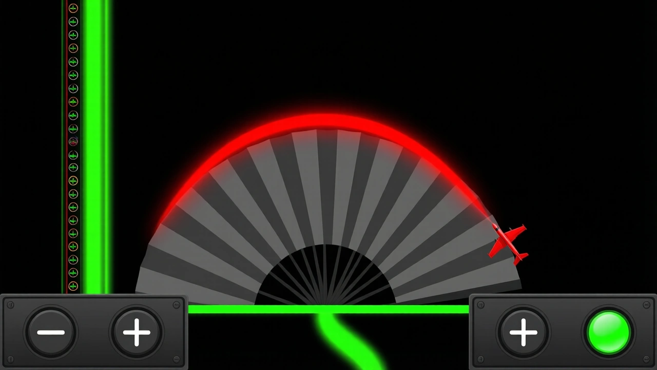 A crash game screen early in a round, the crimson curve still low over a fan of grey rays, a small red plane at its tip, a narrow rail of tiny circular avatars down the left edge and two dark control panels below with round minus and plus pairs and a green