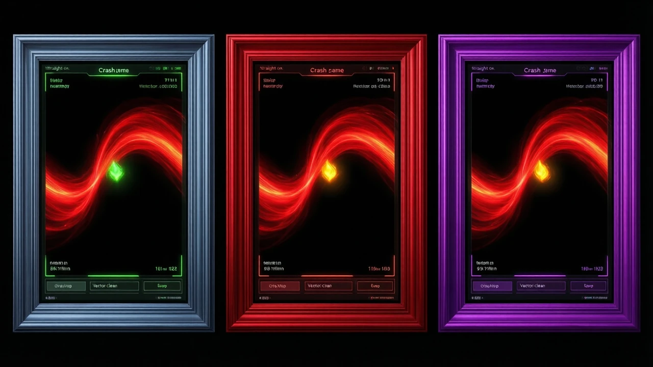 The same near-black crash game canvas with its crimson curve repeated inside three differently coloured lobby frames, one steel blue, one deep red and one violet, the game identical in all three