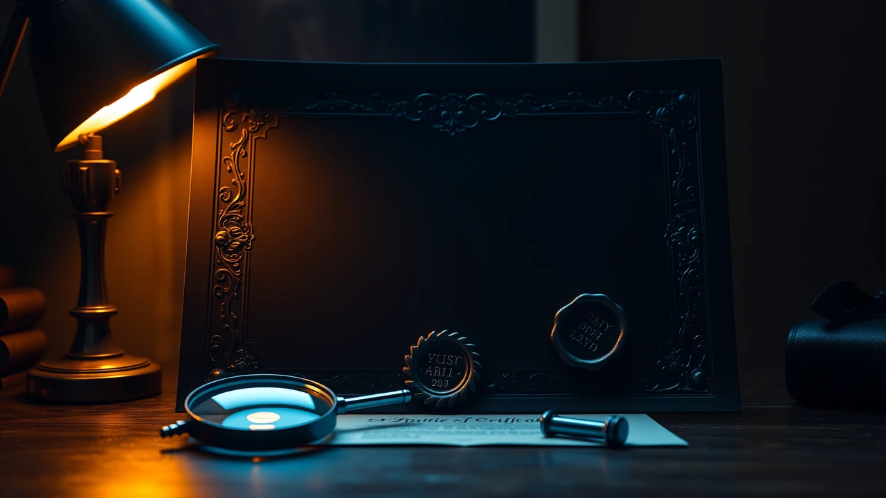 A dark desk holding a heavy embossed certificate with a wax seal at its corner, a magnifying glass resting across the lower edge, lit by one low warm lamp