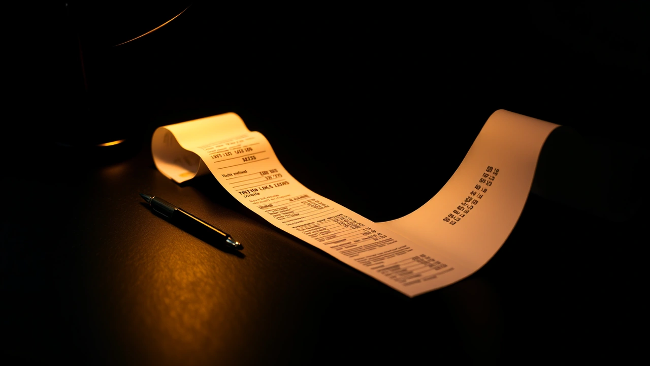 A dark desk with a long folded receipt trailing off its edge toward the floor, a pen and a bank card holding the near end down, one low lamp overhead